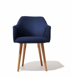 an upholstered blue chair with wooden legs and arm rests on a white background