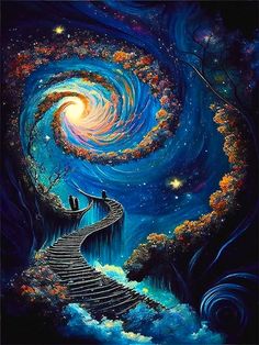 a painting of two people standing at the end of a spiral staircase leading to an open star filled sky