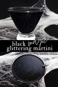 black magic glittering martini in a glass bowl with spider web around it