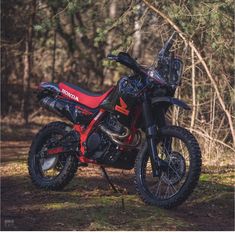 a red dirt bike parked in the middle of a wooded area with trees behind it