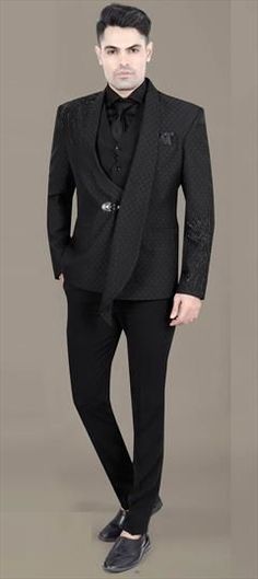 Black and Grey color 3 Piece Suit (with shirt) in Rayon fabric with Bugle Beads, Thread work Designer Black Sets For Workwear, Black Tailored Designer Sets, Tailored Black Sets With Long Sleeves, Black Tailored Long Sleeve Sets, Tailored Black Long Sleeve Sets, Black Designer Formal Sets, Designer Black Formal Sets, Black Long Sleeve Business Sets, Black Semi-formal Sets With Suit Collar