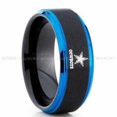 black and blue ceramic ring with star logo