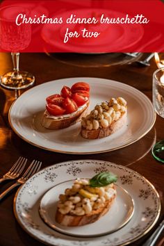 Three varieties of crisp bruschetta, a flavorful start for a romantic Christmas dinner for two. Christmas Dinner Spread, Dinner Spread, Romantic Christmas