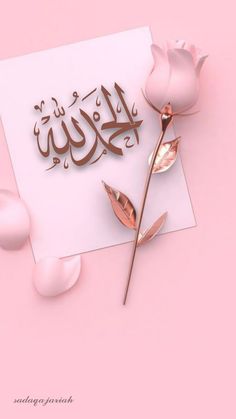 a pink rose on top of a piece of paper with arabic writing