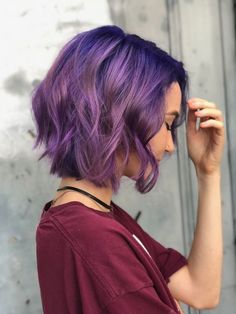 Short Hair Styles Purple, Low Maintenance Fashion Hair Color, Purple Hair Styles For Short Hair, Short Purple Hairstyles, Chin Length Purple Hair, Shag Haircut Vivid Color, Short Purple Ombre Hair, Short Purple Curly Hair, Purple Hair Color Short