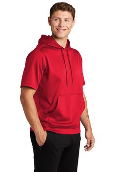 5.5-ounce, 100% polyester; Anti-static; Tag-free label; Three-panel hood; Dyed-to-match drawcords; Taped neck; Self-fabric hem; Front pouch pocket Red Moisture-wicking Hooded Hoodie, Red Hooded Top For Sports Events, Red Fleece Top For Sports Events, Mens Workout Shorts, Short Sleeve Hoodie, Fleece Shorts, Hiking Outfit, Tank Top Hoodie, Pullover Men