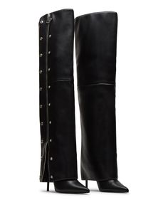 Elevate your style with our STONE fold-over boots. The knee-high design elongates your legs, while the stiletto heel adds a touch of sophistication. The pointed toe, studded detailing, and zipper accents are sure to make a statement. Step out in luxury and turn heads wherever you go. 4 inch heel height Size 6 measurements: 21 inch shaft circumference, 24 inch shaft height Size 8 measurements: 22 inch shaft circumference, 25 inch shaft height Size 10 measurements: 23 inch shaft circumference, 26 Edgy Knee-high Boots With Zipper Closure, Edgy Knee-high Boots For Night Out, Edgy Leather Knee-high Boots For Night Out, Edgy Knee-high Boots For Formal Occasions, Edgy Formal Knee-high Boots, Edgy Leather Knee-high Boots For Evening, Leather Knee-high Boots With Zipper For Night Out, Edgy Knee-high Boots For Evening Fall, Edgy Knee-high Boots For Evening