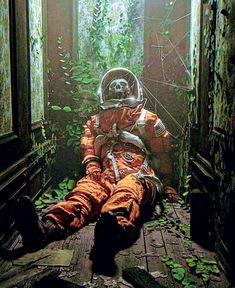 an astronaut sitting on the ground in front of a doorway with plants growing all around