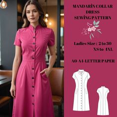 Mandarin collar dress, suitable for summer use. The difficulty level is medium level. Sewing instructions size chart includes fabric requirements ♥US Sizes: 2, 4, 6, 8, 10, 12, 14, 16, 18, 20, 22, 24, 26, 28, 30 ♥Standard Sizes: XS, S, M, L, XL, 2XL, 3XL, 4XL ♥These patterns are suitable for A4 and US Letter size papers. ♥Once your payment is processed, you will automatically receive download links for the pattern files. Please note that you can only download the files from a computer; they will Mandarin Collar Pattern, Sew Your Own Clothes, Mandarin Collar Dress, Shirt Sewing Pattern, Sewing Instructions, Cottagecore Style, Collar Pattern, Dress Sewing Pattern, Dress Sewing