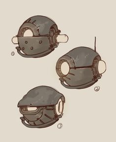 three drawings of helmets with different shapes and sizes