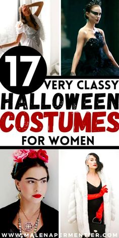 the top ten halloween costumes for women in black and white, with text overlay that reads 17 very classy halloween costumes for women