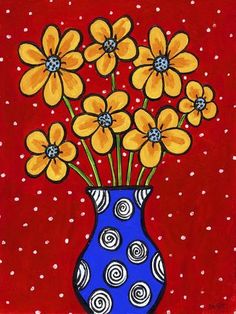 a painting of yellow flowers in a blue vase on a red background with polka dots