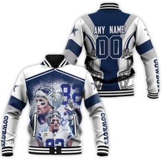 a football jacket with an image of cowboys players on the front and back, all in white