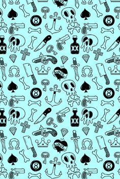 a blue background with black and white skulls, bones, and other things on it