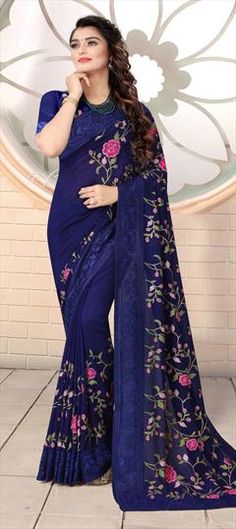 Blue color Saree in Art Silk, Silk fabric with Embroidered, Resham, Thread work Blue Floral Print Traditional Wear For Festive Occasions, Semi-stitched Blue Floral Traditional Wear, Blue Floral Print Saree With Traditional Drape, Blue Floral Print Saree For Festivals, Traditional Blue Saree With Floral Print, Blue Semi-stitched Embroidered Fabric, Blue Semi-stitched Dupatta With Floral Print, Semi-stitched Blue Dupatta With Floral Print, Semi-stitched Blue Floral Print Dupatta