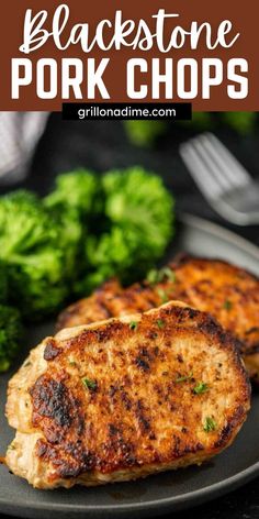 grilled pork chops on a plate with broccoli