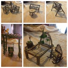 several pictures of different benches made out of wood