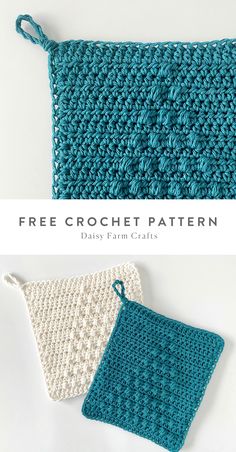 two crocheted pot holders, one is blue and the other has white yarn