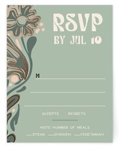 a wedding rsvp card with flowers and swirls on the front, in green