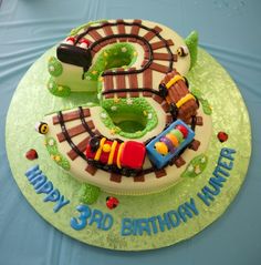 3D Rockin Roailroad Birthday Cake 3rd Birthday Cakes For Boys, Railroad Birthday Party, Number 3 Cakes, Thomas Birthday Cakes, Party Planning Food, Thomas Cakes, Train Birthday Cake, Number Birthday Cakes, Train Cake