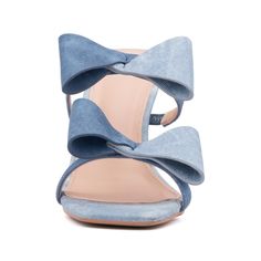 Textured double bow accents enhance our Dailila slide sandal as feminine finishing touches. With a timeless stiletto design, it's the perfect complement to a special-occasion look. Denim Blue Open Heel Sandals For Summer, Chic Open Toe Denim Sandals, Chic Denim Open Toe Sandals, Blue Bow Sandals For Spring, Denim Blue Heels For Spring Party, Chic Denim Sandals For Spring, High Heel Sandals With Bow For Spring, Chic Denim Blue Open Toe Sandals, Summer Denim Heels For Party