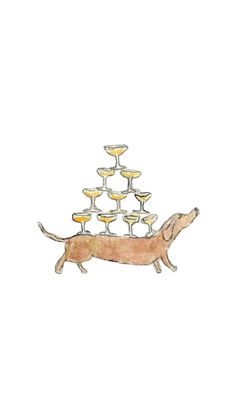 a drawing of a dachshund with champagne glasses on it's back