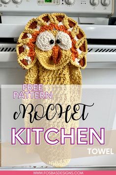 a crochet turkey is hanging on the oven door with text overlay that says free pattern