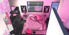 a bedroom with pink walls and black carpet