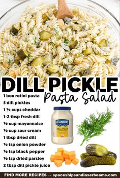 the ingredients for dill pickle pasta salad in a bowl with text overlay