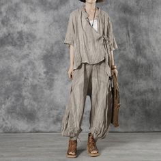 Comfortable, One of Kind. Blouses online shop,|One Size|Summer|Hand Wash|Apricot|Black|Dark Coffee|Solid Color|Button|Half Sleeve|Stand Collar|Regular|Linen|Street Linen Tunic Outfit, Belt Blouse, Linen Kimono, Kimono Shirt, Upcycle Shirt, Cropped Linen Pants, Linen Crops, Dark Coffee, Half Sleeve Tops