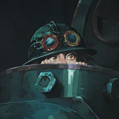 a painting of a person wearing a fireman's helmet looking out from behind a machine