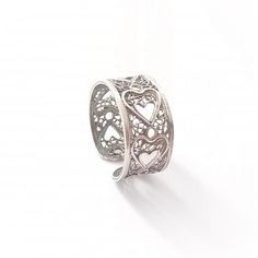 "\"Sterling Silver Ring in portuguese filigree.  This ring is made with a band like a wedding ring, and has several Hearts shaped in the middle made in portuguese filigree. Adjustable to all sizes. All our rings and other accessories are handmade in Portugal.  Search for us and for portuguese filigree and you will discover an ancient art of handcraft that as passed for generations.  All products are unique because they are handmade in certified sterling silver 925.  See all our collection of bra Silver Engraved Open Heart Ring, Engraved Filigree Open Promise Ring, Silver Open Heart Ring Engraved, Anniversary Filigree Toe Ring, Pierced White Gold Rings For Gifts, Adjustable Engraved Sterling Silver Filigree Ring, Sterling Silver Filigree Toe Ring, Engraved Sterling Silver Filigree Open Ring, Ornate Adjustable Silver Filigree Ring