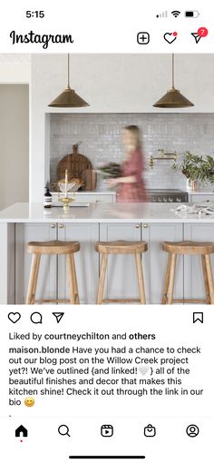 the instagram page shows an image of a kitchen with stools and counter tops