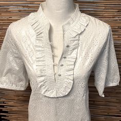 Gorgeous! 100% Cotton Metallic Eyelet Blouse Classic Spring Beach Blouse, Classic Beach Blouse For Spring, Casual Fitted Blouse With Broderie Anglaise, Fitted Casual Blouse With Broderie Anglaise, Classic Summer Tops With Lace Trim, Classic Summer Tops With Ruffles, White Broderie Anglaise Short Sleeve Blouse, Classic Ruffled Summer Tops, Classic White Tops For Brunch