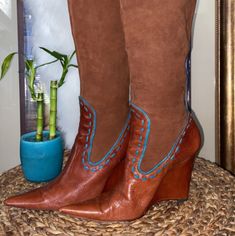 Gently Worn Only Twice , Wedged Boot. Great Condition And Guaranteed To Turn Heads When Worn. So Buy Them Brown Suede Boots With Pointed Toe, Designer Brown Boots For Spring, Designer Brown Snip Toe Boots, Slip On Boots, Charles David, Shoes Heels Boots, Wedge Boot, Blue Brown, Shoes Women Heels