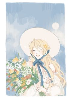 a drawing of a woman wearing a white hat and holding a bouquet of flowers in her hand