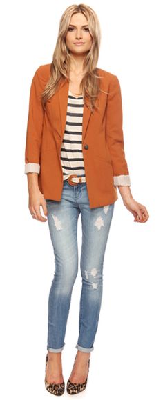 pumpkin blazer, striped top Rolled Jeans, Cute Blazers, Orange Blazer, Blazer Outfit, Looks Chic, Error 404, Shop Dresses, Fashion Sense, Style Me Pretty