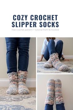 three photos of the legs and feet of a woman wearing slippers with text overlay that reads cozy crochet slipper socks