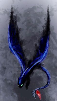 an artistic painting of a blue bird with black wings and red beaks on it's head