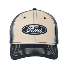 The Ford Embroidered Script Textured Snapback Hat is a Modern twist on a trucker hat. The hat features an oval patch with Ford script logo on the center front panel and tan and navy cotton twill fabrics on the two front panels and polyester navy mesh back panels, with a Ford logo tab on the snapback closure. Size: One Size.  Color: Blue.  Gender: male.  Age Group: adult. Ford Logo, Embroidered Baseball Caps, Script Logo, Blue Tie Dye, Blue Gender, Cotton Twill Fabric, Ball Cap, Snapback Hat, Snapback Hats