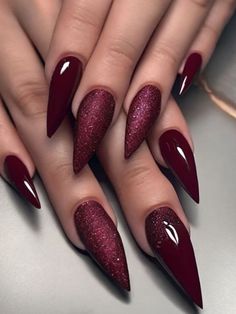 85+ Gorgeous Burgundy Stiletto Nail Designs and Ideas | Sarah Scoop Fall Deep Red Nails, Thanksgiving Stilleto Nails, Stilleto Winter Nail Design, Wine Colored Nails Acrylic, Cranberry Acrylic Nails, Gothic Romance Nails, Ombre Stiletto Nails Long, November Stiletto Nails, Plum Nail Ideas