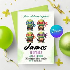 a birthday card for a little boy with the image of two turtles on it and green balloons