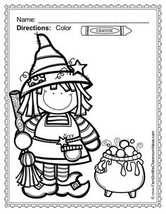 a coloring page with a girl dressed as a witch