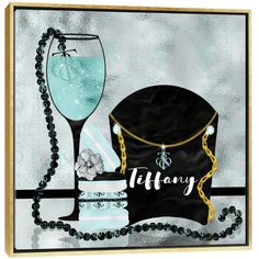 a painting of a hat, glass and beaded necklace with the word tiffany on it