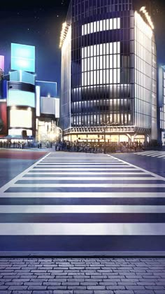 an image of a city at night with lights and people walking on the crosswalk