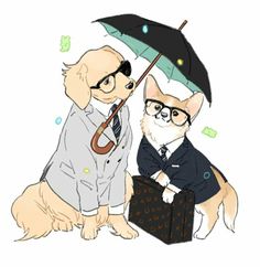 two dogs dressed in business attire, one holding an umbrella and the other sitting down