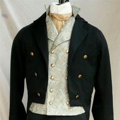 Man's Daytime ensemble in 5 pieces for the English Regency Bridgerton Era The daytime single breasted tailcoat is made in navy blue wool, is fully lined, and has 2 functioning inside chest pockets.  The final accent is the lovely antiqued gold buttons.  The center front does not button closed. Double breasted Regency vest is made in cream Damask brocade,and has 2 functioning hip pockets, is fully lined and has an adjustable back belt.  Buttons can be gold or self covered. English Regency Fall Fr Regency Mens Fashion, Regency Wedding, Mens Wedding Suits, Wedding Tux, Regency Era Fashion, Double Breasted Vest, Formal Evening Wear, Regency Fashion, Walnut Creek