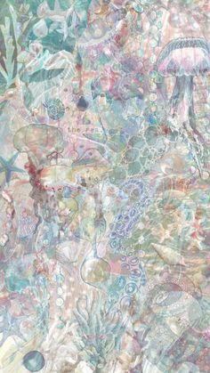 an abstract painting with jellyfishs and other marine life in pastel colors, on a multicolored background