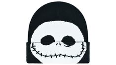 a black and white beanie with a face drawn on it