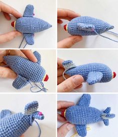 four pictures showing how to make a knitted toy shark with yarn and thread in it